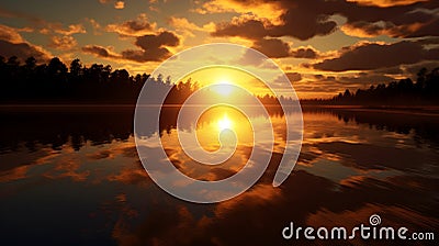 Amazing sunrise over a lake and trees. Stock Photo