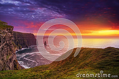 Amazing sunset at Cliffs of Moher Stock Photo