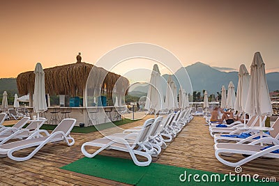 Amazing sunset on the coast of Turkish Riviera with Mount Tahtali in background, Tekirova Editorial Stock Photo