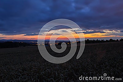 Amazing sunset on field with airport Plana, blue hour, long expo Stock Photo