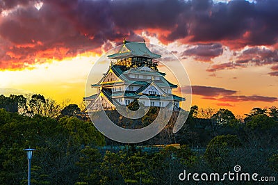 Amazing sunset Image of Osaka Castle Stock Photo