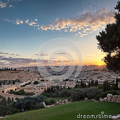 Amazing sunset over Jerusalem: view of Kidron Valley from the southern neighbourhoods to the Old City and Stock Photo