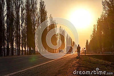 Amazing Sunset over the road with cars in spring Editorial Stock Photo
