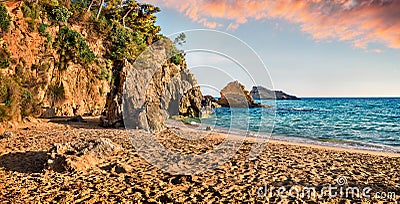 Amazing sunset on Platis Gialos Beach. Exciting spring seascape of Ionian Sea. Marvelous outdoor scene of Kefalonia island, Stock Photo