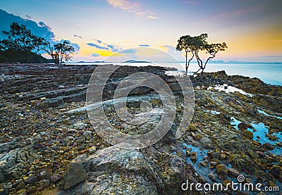 Amazing sunset at Tanjung Pinggir Beach Batam Island Stock Photo