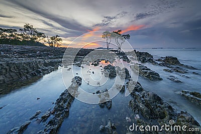 Amazing sunset at Tanjung Pinggir Beach Batam Island Stock Photo