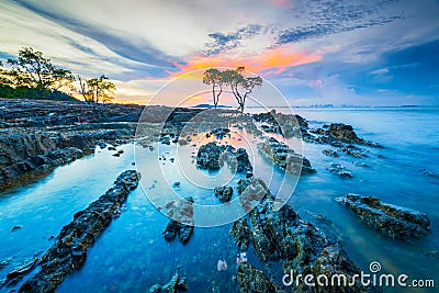 Amazing sunset at Tanjung Pinggir Beach Batam Island Stock Photo