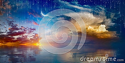 Amazing surreal background - crescent moon rising above sea Stock Photo