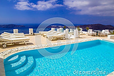 Amazing swimmingpool with caldera view in Imerovigli village, Santorini Stock Photo