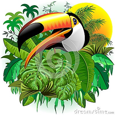 Toco Toucan Wild Exotic Bird on Tropical Jungle Vector Illustration Vector Illustration