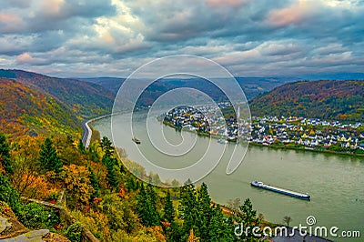 Amazing top view to Rhine Valley and Spay town from Marksburg Castle at autumn evening, Germany Editorial Stock Photo