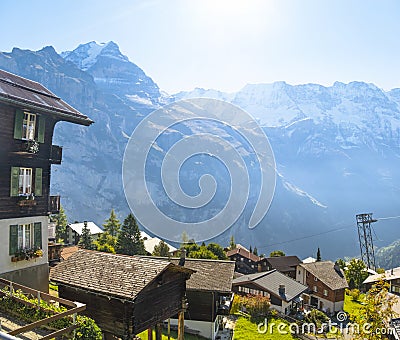 Amazing touristic alpine village in valley Lauterbrunnen, Switzerland Stock Photo