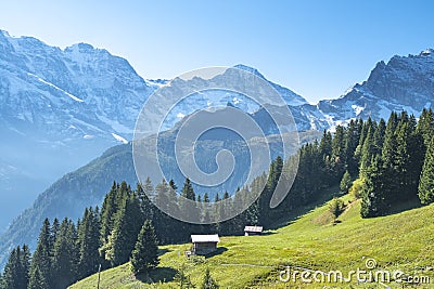 Amazing touristic alpine village in valley Lauterbrunnen, Switzerland Stock Photo