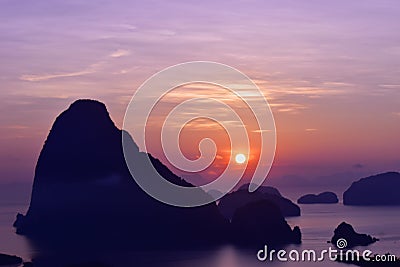 Amazing Travel and colorful viewpoint before sunrise at Samed Nang Chee, Unseen in Phang-nga, Thailand. Stock Photo