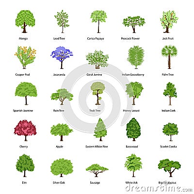 Green Trees Flat Icons Pack Vector Illustration