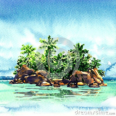 Amazing tropical island with palm trees, rocks from the sea, Maldivian atoll in ocean, panorama, watercolor illustration Cartoon Illustration