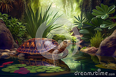 Amazing turtle in the beautiful garden with pond, generative ai illustration Cartoon Illustration