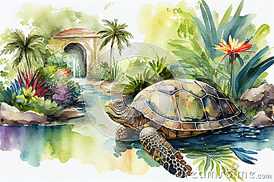 Amazing turtle in the garden with pond, generative ai illustration Cartoon Illustration