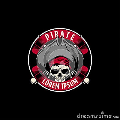 Amazing and unique pirate skull with cross sword and ribbon vector badge logo template Vector Illustration