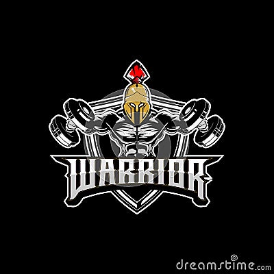 Amazing and unique warrior spartan bodybuilding with dumbbell vector badge logo template Vector Illustration