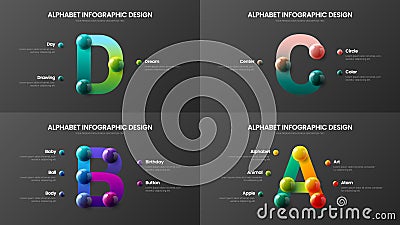 Amazing vector alphabet A, B, C, D symbol infographic 3D realistic colorful balls presentation bundle. Vector Illustration