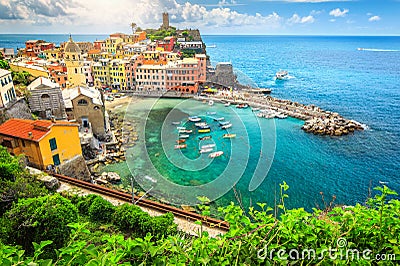 Amazing Vernazza village and stunning sunrise, Cinque Terre, Italy, Europe Stock Photo