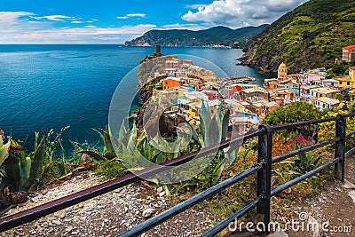 Amazing Vernazza village view from the hills, Cinque Terre, Italy Stock Photo