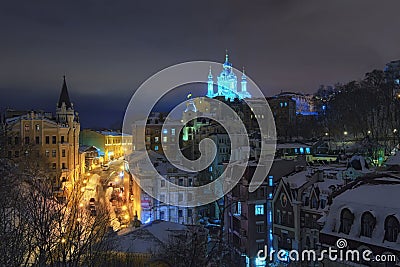 Amazing view of the Andreevsky Descent. The most beautiful buildings at this street are Richard`s Castle and St Andrew`s Church Stock Photo