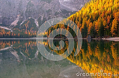 Amazing view of Braies Lake at autumn day Stock Photo