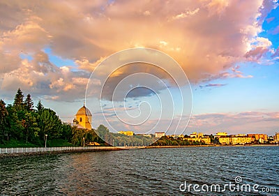 Amazing view of Exaltation of Cross Church over the Ternopil pond, Ternopil, Ukraine Stock Photo