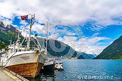 Amazing view on fjord Sorfjorden, harbor port marina with a ship. Odda, Norway. Artistic picture. Beauty world Stock Photo