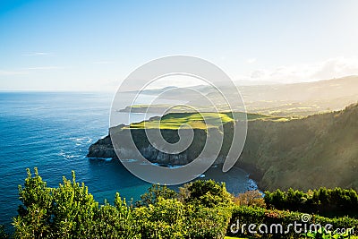 Amazing view of a green cliff near the sea in the Azores archipelago, Portugal Stock Photo