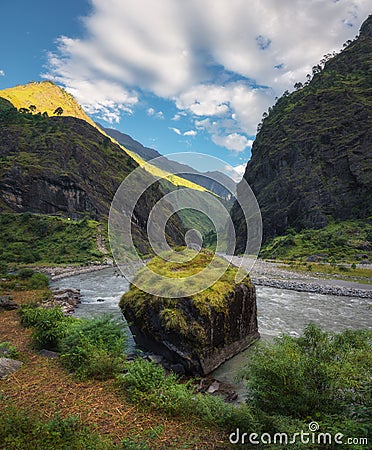 Amazing view with high Himalayan mountains, beautiful river, sto Stock Photo