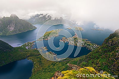 Amazing view of Lofoten islands in the fog, Norway Stock Photo