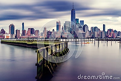 amazing view lower Manhattan , financial district with sunset, New York City Stock Photo