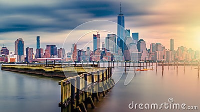 amazing view lower Manhattan , financial district with sunset, New York City Stock Photo