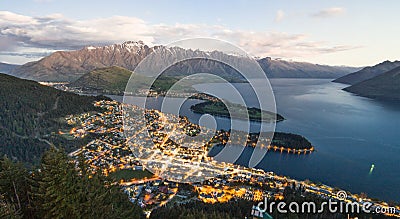 Amazing View from Queenstown Skyline over the alpine city and La Stock Photo