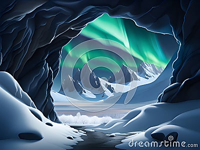 Amazing view from rocky cave of green aurora Stock Photo