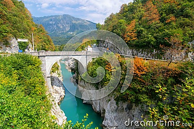 Amazing view of Soca river and Napoleon's bridge near Kobarid, Slovenia Stock Photo