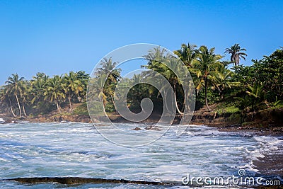 Amazing View to the Sandy Atlantic Coastline of Axim Beach in Ghana Stock Photo