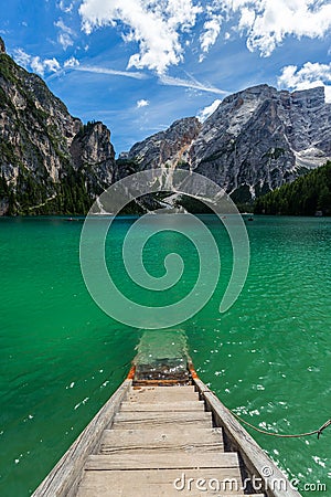 amazing view of turquoise Lago di Braies Lake or Pragser Wildsee in Dolomite, Italy Stock Photo