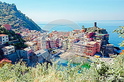 Amazing view of Vernazza from above. One of five famous colorful villages of Cinque Terre National Park in Italy Stock Photo