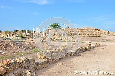 Amazing view of well preserved ruins of ancient city Salamis located near Famagusta, Turkish Northern Cyprus Stock Photo