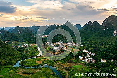 Amazing view of Yangshuo rice fields and rocks in China Stock Photo