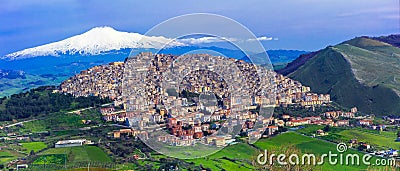 Amazing village Gangi with Etna volcano behind in Sicily, Italy Stock Photo
