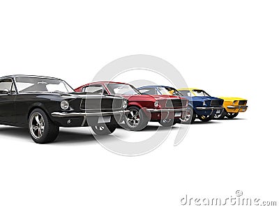 Amazing vintage American muscle cars in cool metallic colors Stock Photo