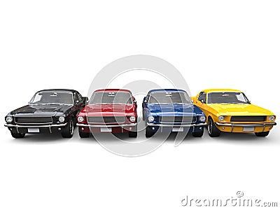 Amazing vintage American muscle cars in metallic red, black, blue and yellow Stock Photo