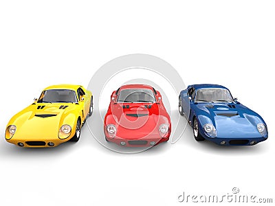 Amazing vintage sports cars - red, blue and yellow Stock Photo