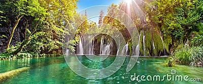 Amazing waterfall panorama in Plitvice Lakes National Park, Cro Stock Photo