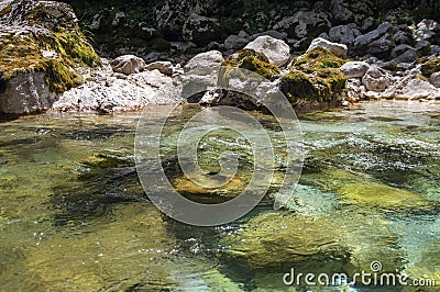 Amazing wild water in mala korita Soce valley, small pure clear turquoise flowing stream through stone gorge Stock Photo